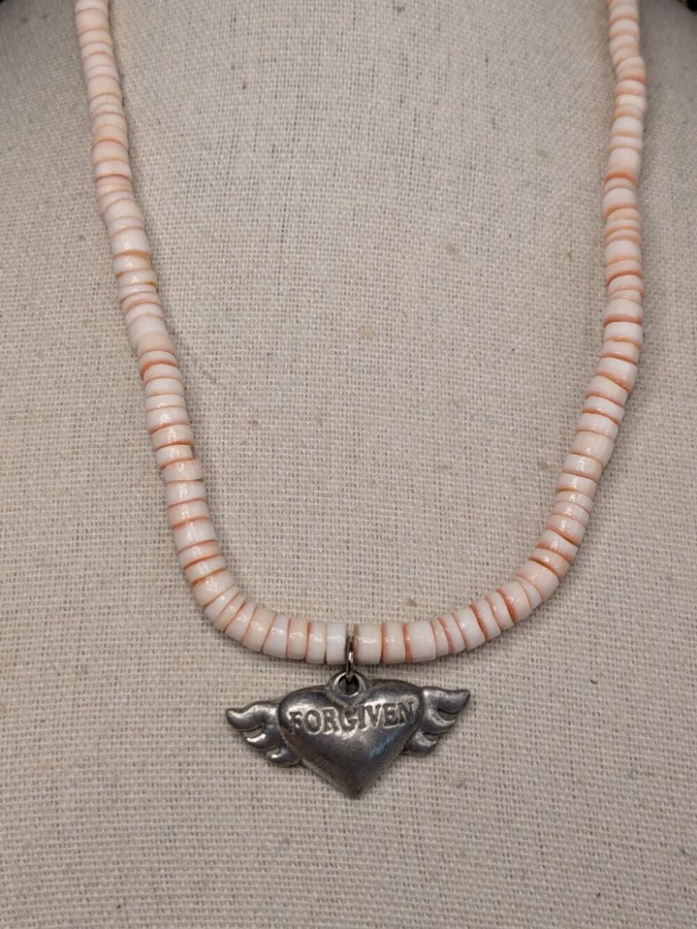 Forgiven Jewelry Peach Spiny Oyster Heishi Choker w/ Winged Heart Pendant